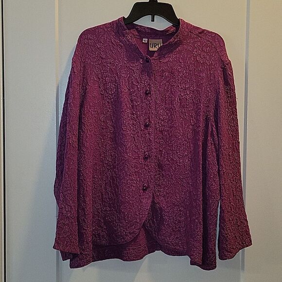 URU 100% Silk Textured Floral Top Shirt Lagenlook Mulberry XL Made in USA - Picture 8 of 9
